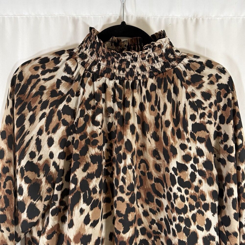 Chico's Blouse Women's Medium Brown Cheetah Print High Neck Lightweight Long Slv - Picture 2 of 11